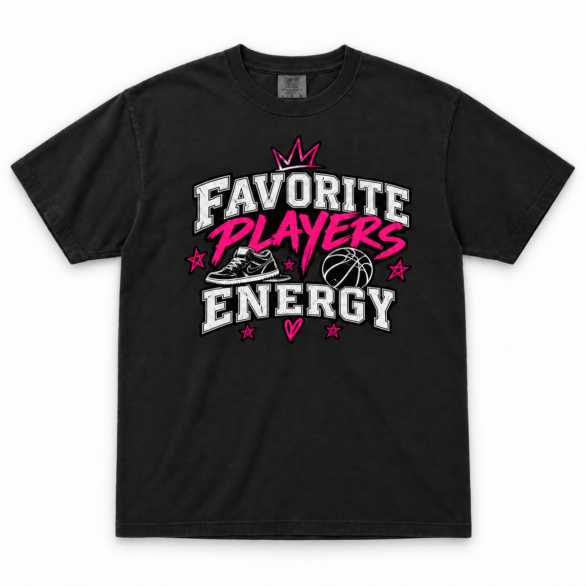Black Comfort Colors Favorite Player Energy tee with pink crown and white sports-inspired graphic