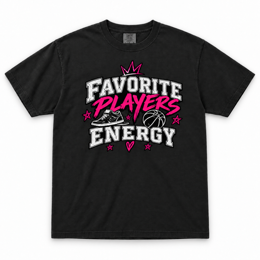 Black Comfort Colors Favorite Player Energy tee with pink crown and white sports-inspired graphic