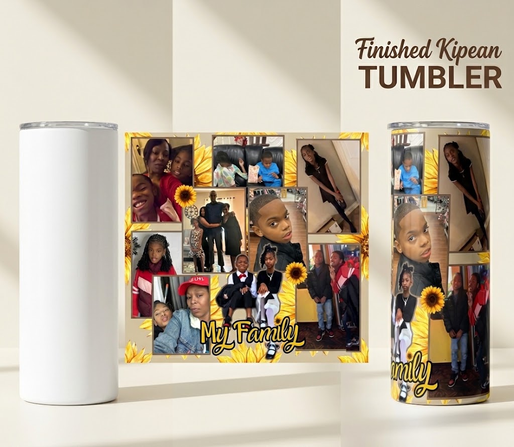 A custom Kipean tumbler shown in three views: a blank white tumbler on the left, a front view of a printed tumbler in the center, and a side view of the same tumbler on the right. The printed design features a family photo collage with yellow sunflower accents and the text 'My Family' and 'Finished Kipean Tumbler'.