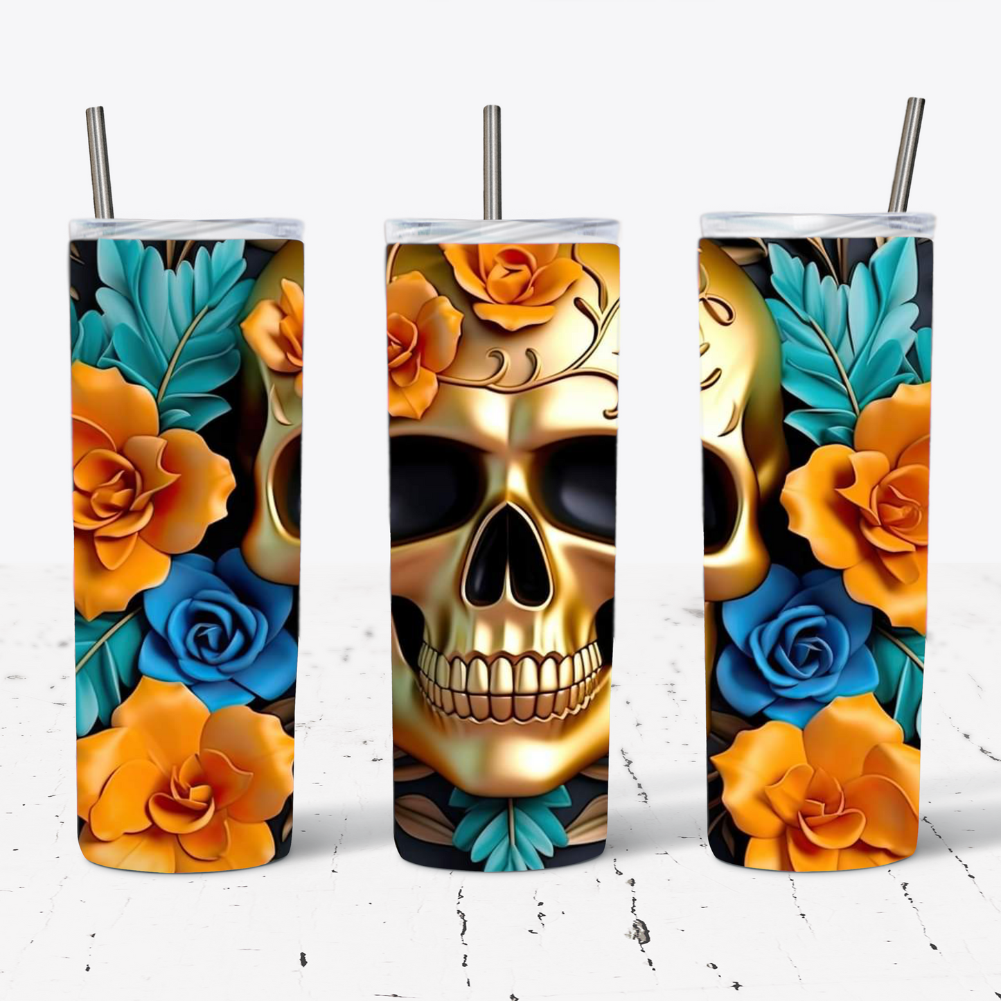 Gold Skull & Colorful Flowers Halloween 20 oz Tumbler