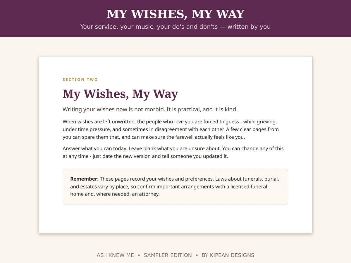 As I Knew Me -Sampler | Write Your Life Story, Your Wishes & Your Own Obituary