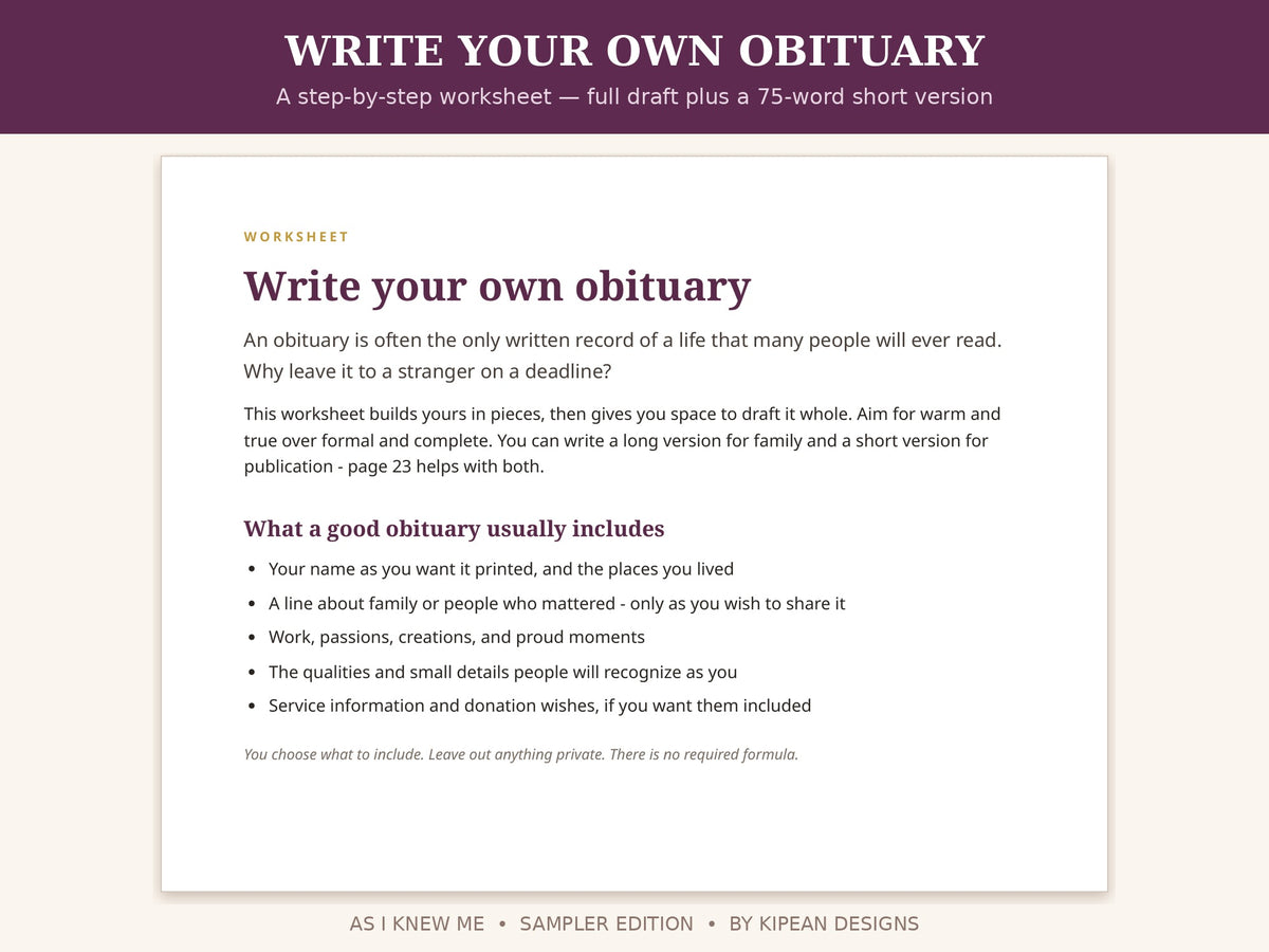 As I Knew Me -Sampler | Write Your Life Story, Your Wishes & Your Own Obituary