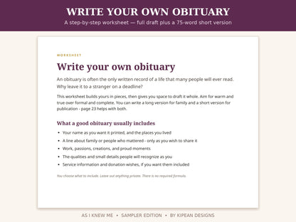As I Knew Me -Sampler | Write Your Life Story, Your Wishes & Your Own Obituary