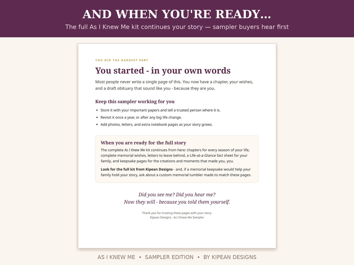As I Knew Me -Sampler | Write Your Life Story, Your Wishes & Your Own Obituary