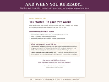 As I Knew Me -Sampler | Write Your Life Story, Your Wishes & Your Own Obituary